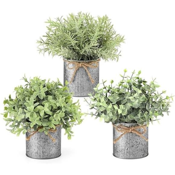 Fake Plants in Farmhouse Galvanized Pots Table Centerpiece 3 Pack Potted - Picture 7 of 7